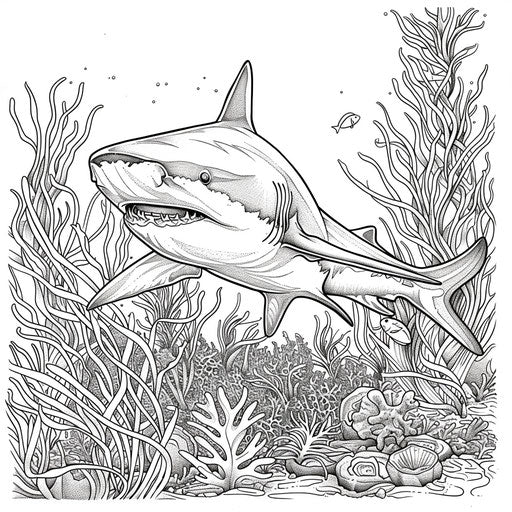 Playful shark among seaweed and coral coloring book page