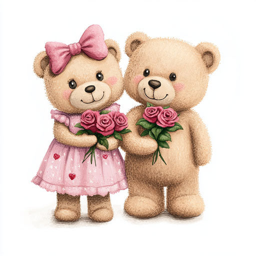 Adorable teddy bear couple with roses, pink dress and bow
