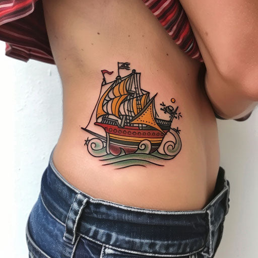 Rib tattoos pirate ship, Sailor Jerry style, on the ribs