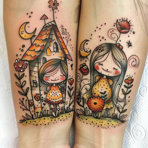 Whimsical mother and daughter tattoos