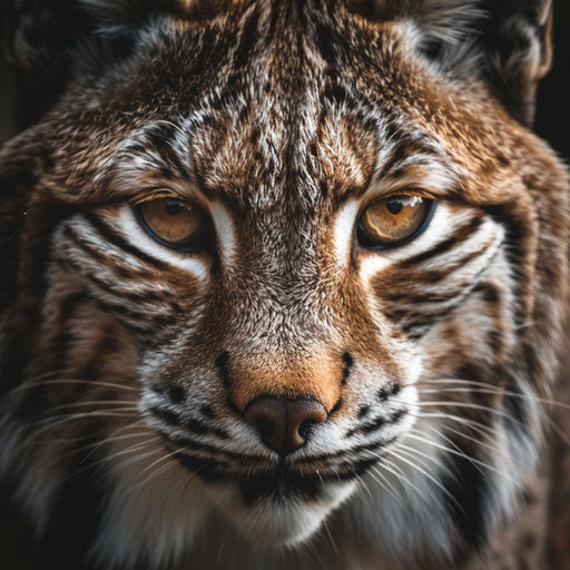 Detailed portrait of a lynx's whiskered face, emphasizing the texture and patterns of its fur