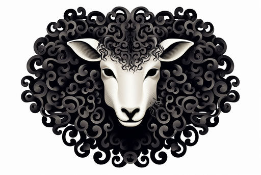 Black sheep with curling hair in decorative abstraction style
