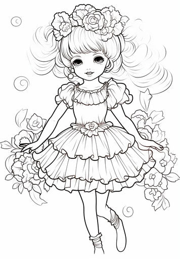 Coloring page of a ballerina, dolly kei style, cartoony, realistic