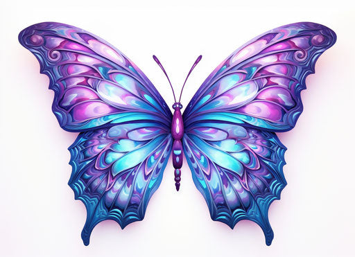 Blue butterfly with wings on white background, dark purple and pink