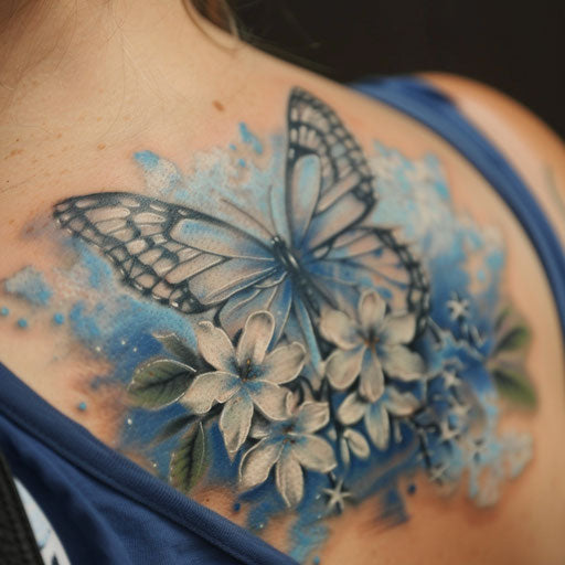 3D butterfly blending with blue and white sky on white canvas