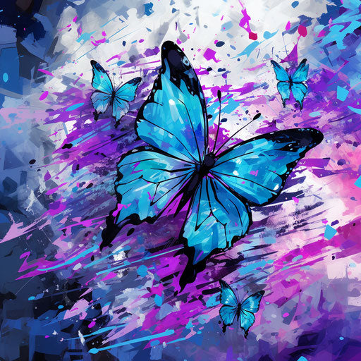 Blue and purple watercolor butterflies, digital glitch style