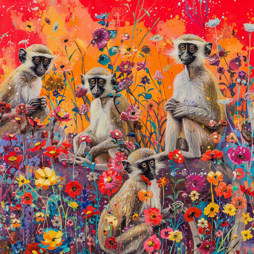 Vervet monkeys foraging among bright wildflowers in savannah