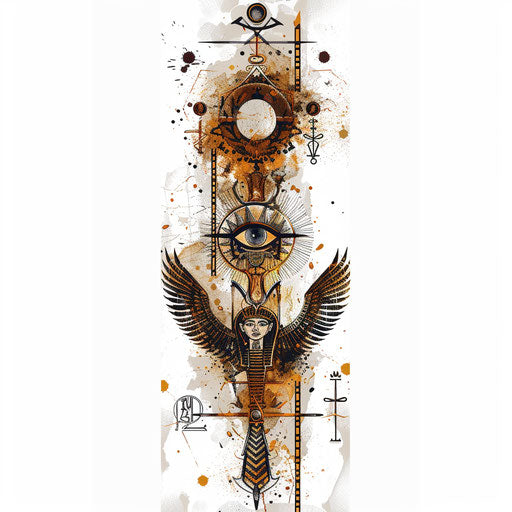 Egyptian-themed unalome tattoo on white canvas