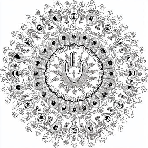 Intricate mandala with praying hands in center, Johanna Basford style