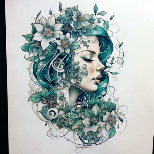 Drawing of flowers and vines, aurorapunk style, light white and dark emerald