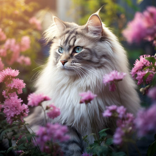 A Siberian cat in a flower bed with beautiful flowers