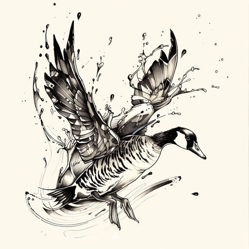 Dynamic flat tattoo sketch of a goose landing with a splash of abstract water droplets