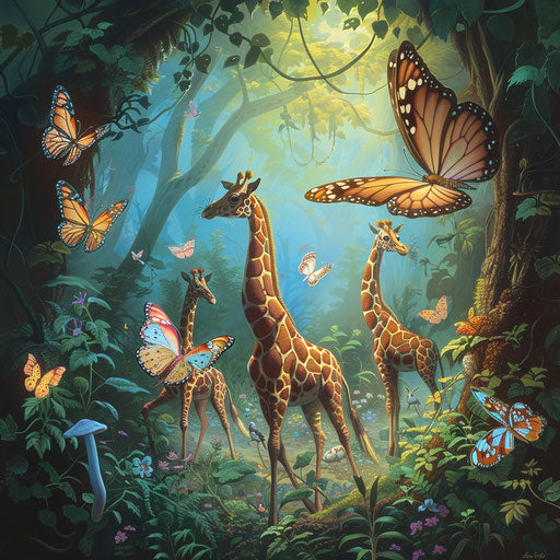 Giraffes with butterfly wings in a magical forest
