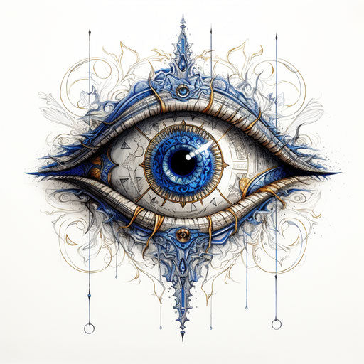 Epic eye in subtle ink, fisheye effects, light gray and blue