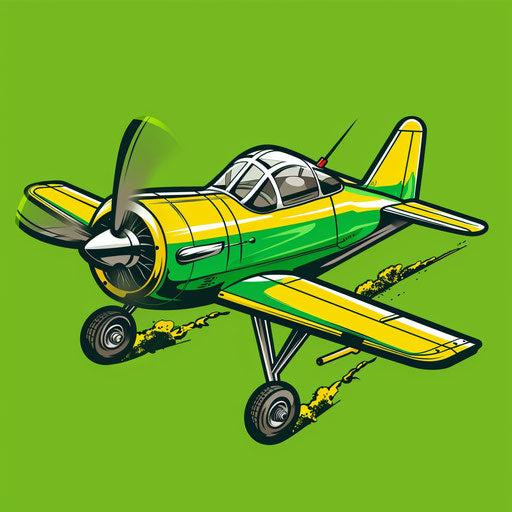 Playful flat tattoo sketch of a cartoonish crop duster, bright green and yellow, clipart design