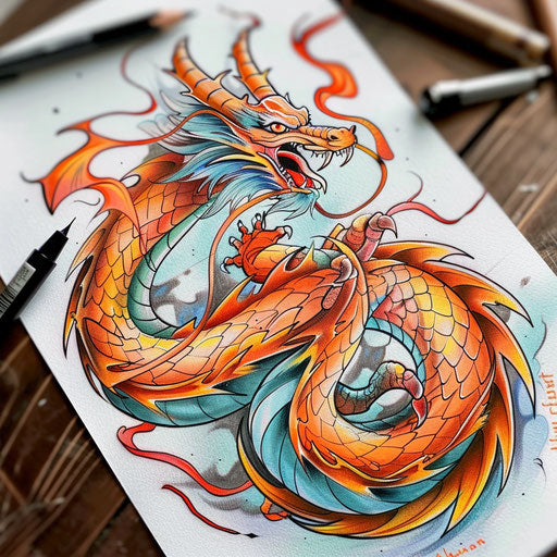 Dragon breathing fire, bold lines and vibrant colors