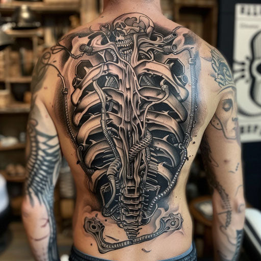 Biomechanical camouflage tattoo in the style of Guy Aitchison