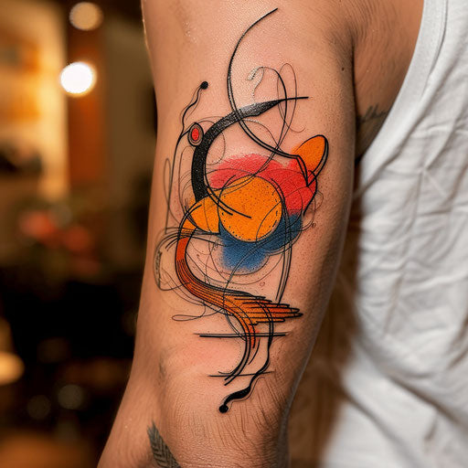 Contemporary tattoo sketch of a rising sun with abstract and fluid shapes in bright colors