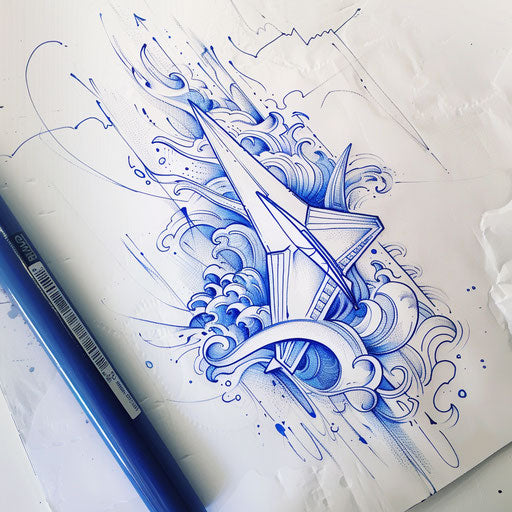 Zen tattoo sketch of a paper airplane with minimalist waves and serene blue tones