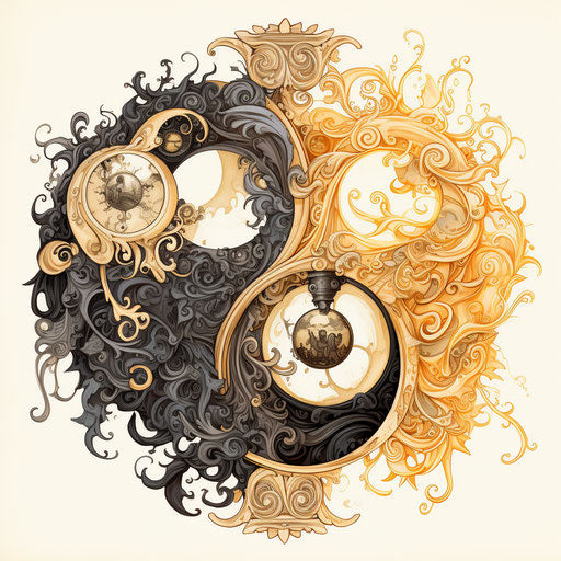 Yin yang symbol with sun, moon, and mystic symbols