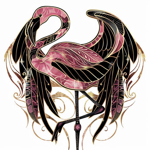 Art Deco inspired flamingo tattoo design with symmetrical patterns and gold accents