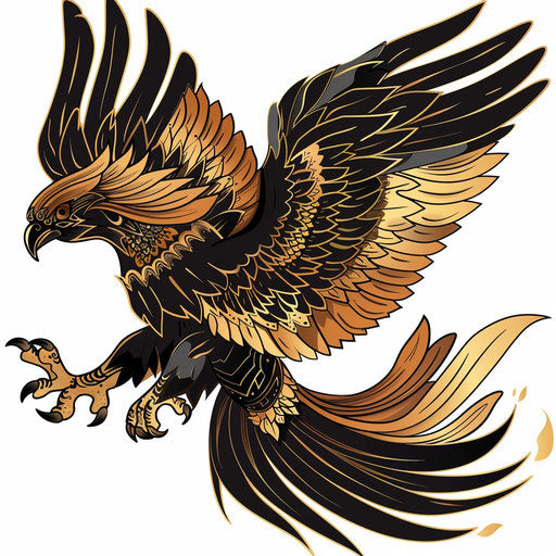 Dynamic flat tattoo sketch of a griffin in flight, golden and bronze tones, clipart style