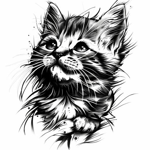 Intricate tattoo sketch of a playful kitten in bold outlines