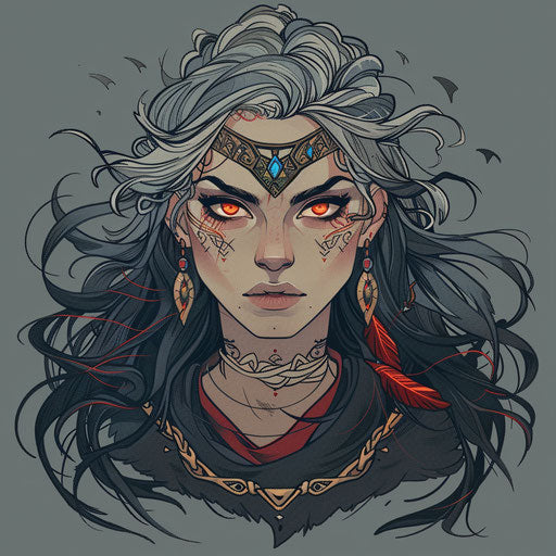 Stylized tattoo sketch of Freya with windswept hair and fierce eyes