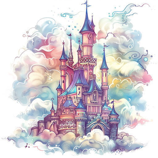 Dreamy pastel cloud castle, whimsical clipart design