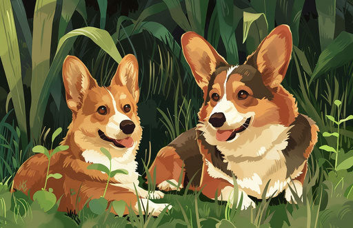 Two corgi dogs sitting in the grass