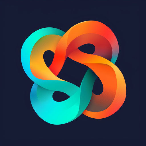 Brand logo with abstract shapes and vibrant gradient, teal and orange colors