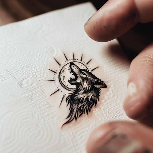 Black tattoo depicting a wolf howling at the moon, on white paper