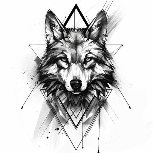 Flat stylized tattoo sketch of a geometric wolf