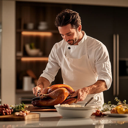 A chef cutting a turkey in a modern kitchen