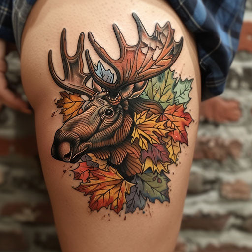 Vibrant flat tattoo sketch of a moose with colorful autumn leaf motif