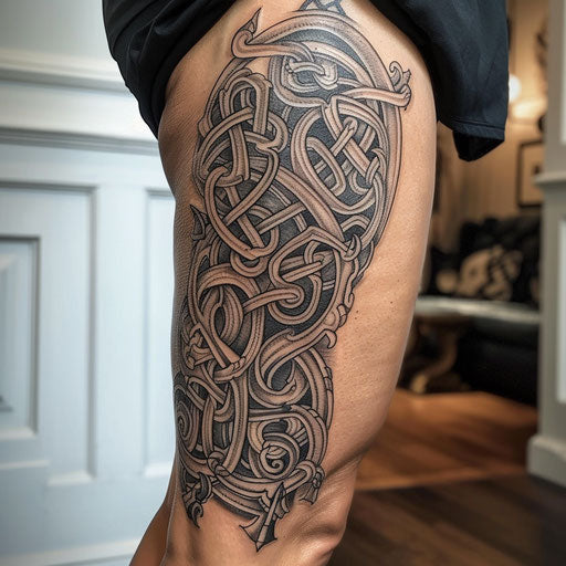 Celtic thigh tattoo in the style of David Palumbo