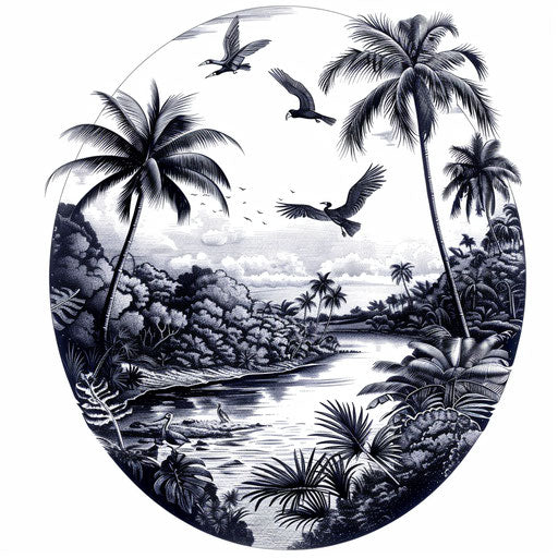 Exotic flat tattoo sketch of a tropical riverside