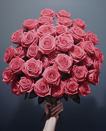Rose bouquet on gray background, dadaist photomontage style