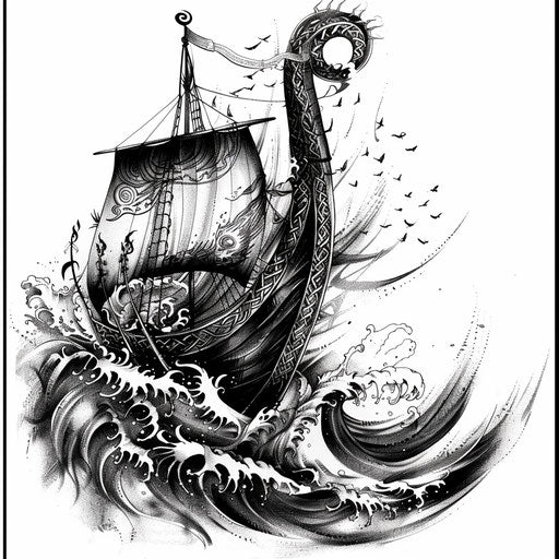 Viking longship battling the waves