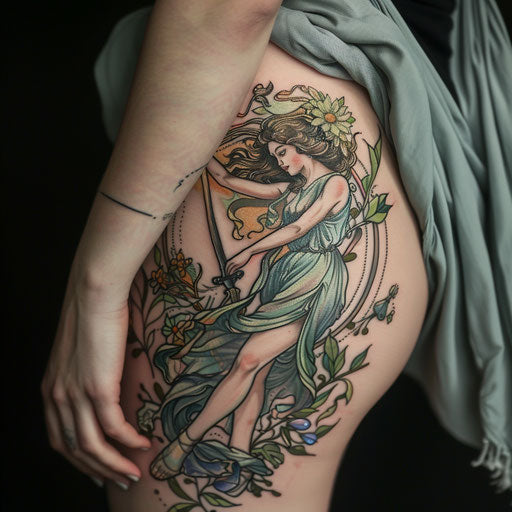 Art Nouveau style tattoo of Persephone with flowing lines and natural forms, highlighted with soft pastel colors on a white background.