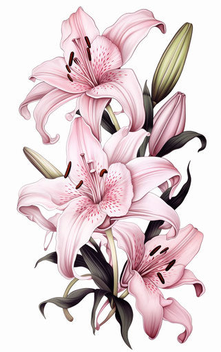 Black and white drawing of lilies in a pink frame