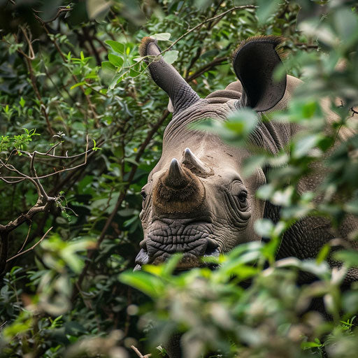 Curious West African black rhinoceros peering through bush