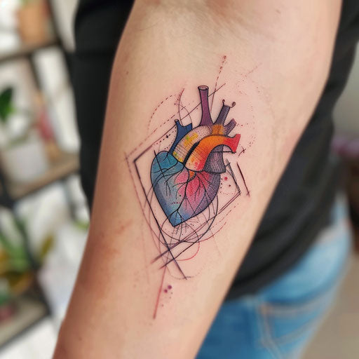 Geometric heart tattoo with sharp angles and vivid colors on white canvas
