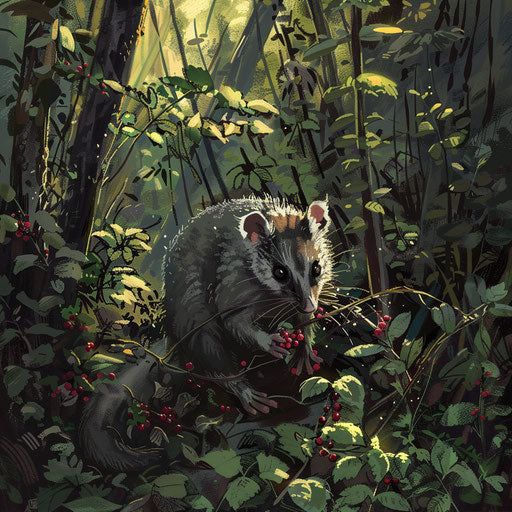 White-tail possum foraging for berries in sunlit clearing