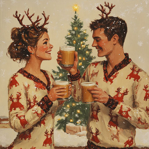 Young couple in their first apartment, toasting with mugs of eggnog in reindeer pajamas, a small tree blinking behind them.