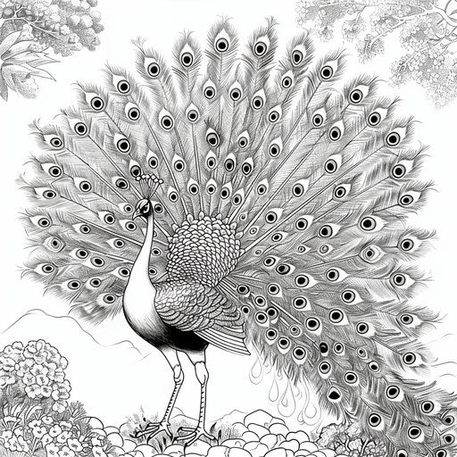 Colorful peacock in a spring garden