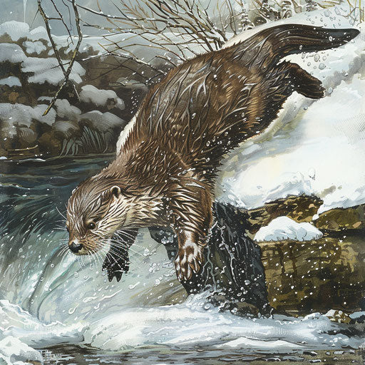 The daring escape of an otter on a snowy slope