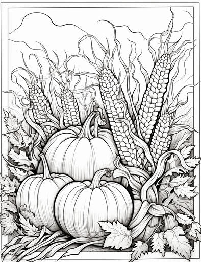 Coloring page with pumpkins and corn, ilford sfx style