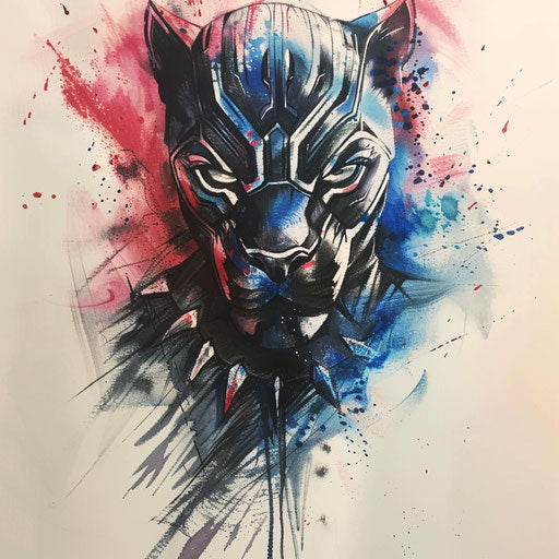 Black panther tattoo with watercolor splash effects, radiating energy, on paper-like background.