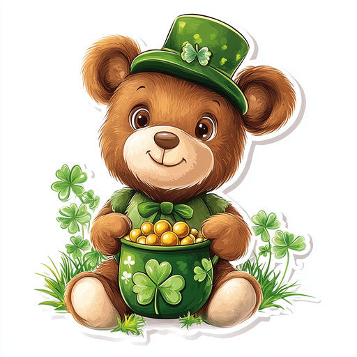 Sticker Design: Cute Teddy Bear in green St. Patrick's Day with a pot of gold and shamrocks around